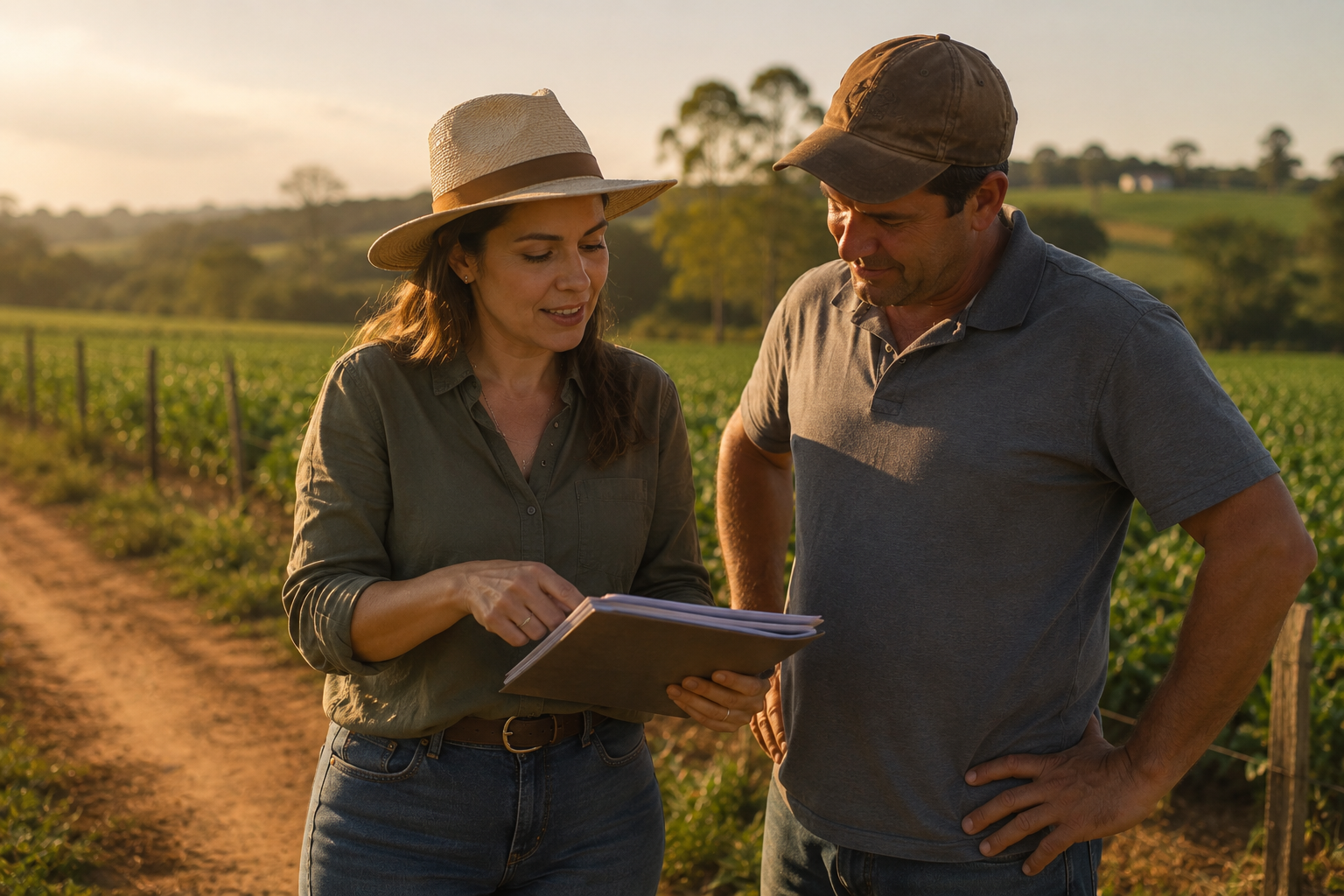 Paula Camargo apresentando documentos a um produtor rural na lavoura